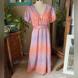 Boho Gingham Checkered Dress in Red and Purple, XL
